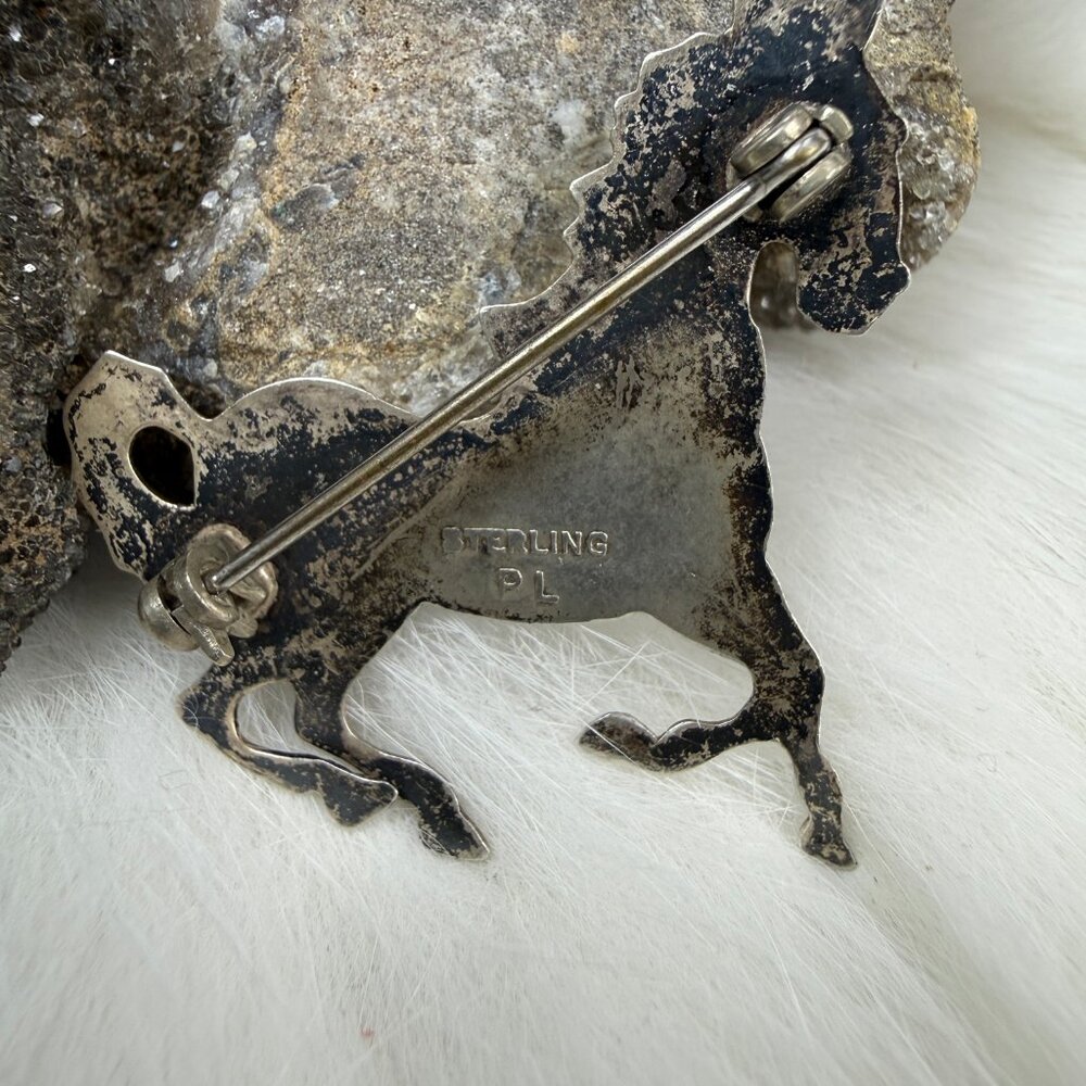 Vintage Sterling Silver Trotting Horse Brooch PL 1.5" X 1.5" - Picture 4 of 7